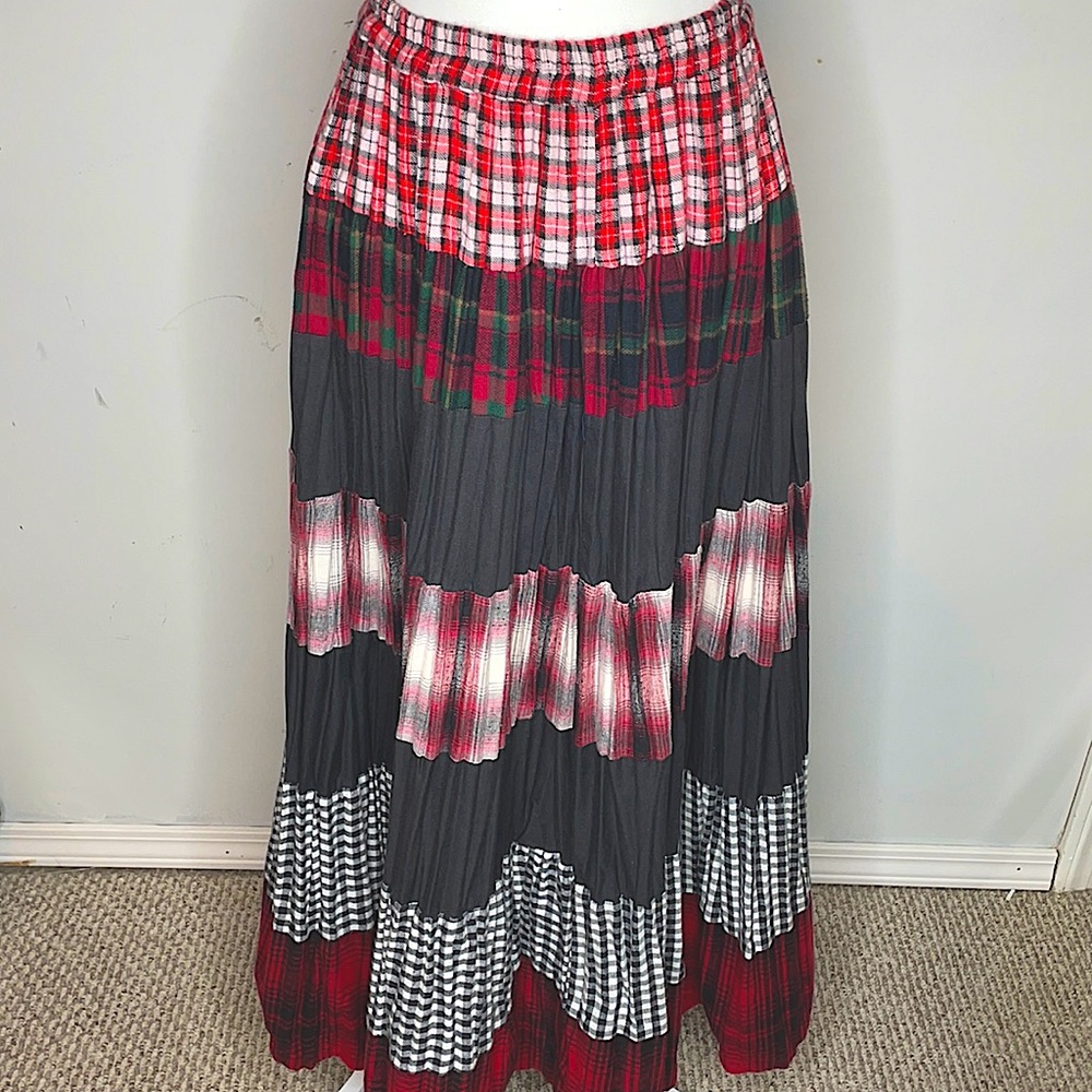 Vintage Cactus Flower Broomstick Maxi Skirt Sz S Flannel Plaid Red And Black